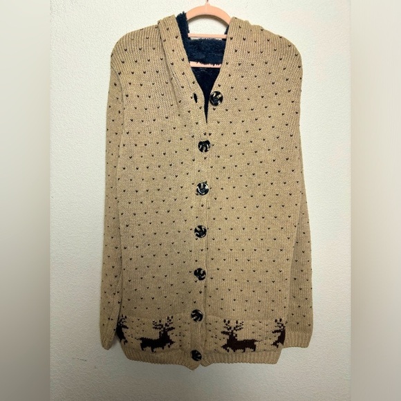 Sweaters - Cottagecore Cream and Brown Deer Print Sherpa Fur Lined Knit Hooded Cardigan M/L